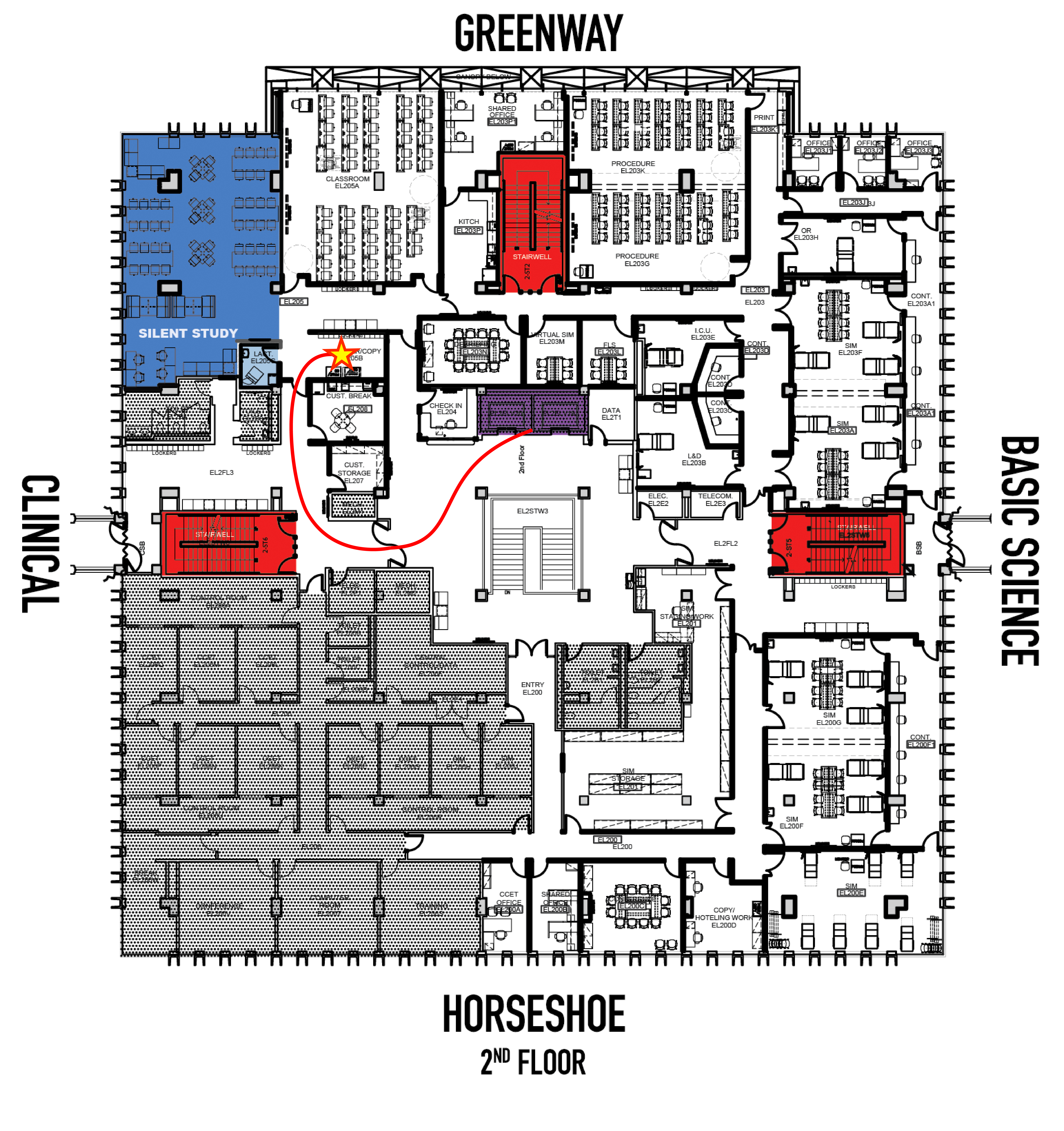 Map of second floor of musc library building showing where smart lockers are located